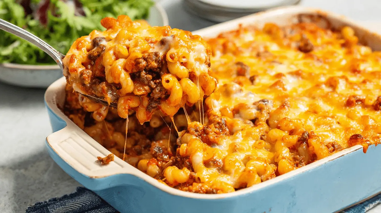 Close-up of a serving spoon lifting a cheesy portion of a baked macaroni and ground beef casserole recipe from a blue ceramic dish.
