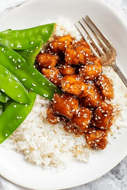Overhead view of a delicious plate of healthy sesame chicken, fluffy white rice, and bright green snow peas, garnished with sesame seeds and an elegant fork.
