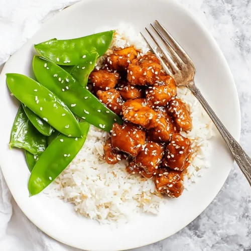 Overhead view of a delicious plate of healthy sesame chicken, fluffy white rice, and bright green snow peas, garnished with sesame seeds and an elegant fork.