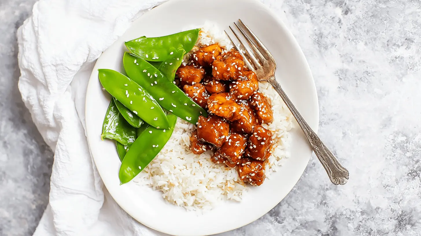 Overhead view of a delicious plate of healthy sesame chicken, fluffy white rice, and bright green snow peas, garnished with sesame seeds and an elegant fork.