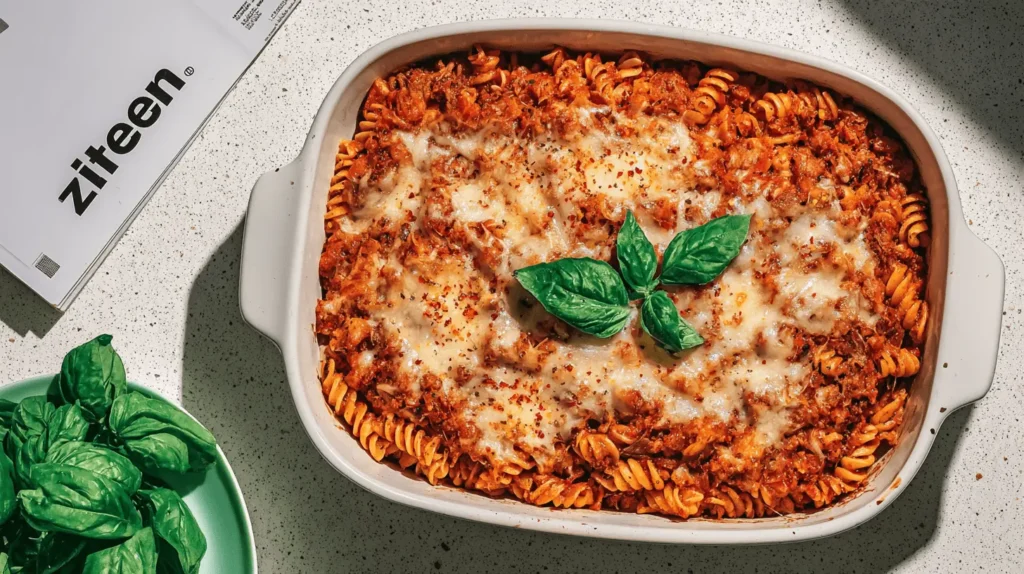 A top-down view of a freshly baked, bubbling High Protein Spaghetti Casserole with melted cheese, fresh basil, and chili flakes in a white ceramic dish on a speckled countertop.