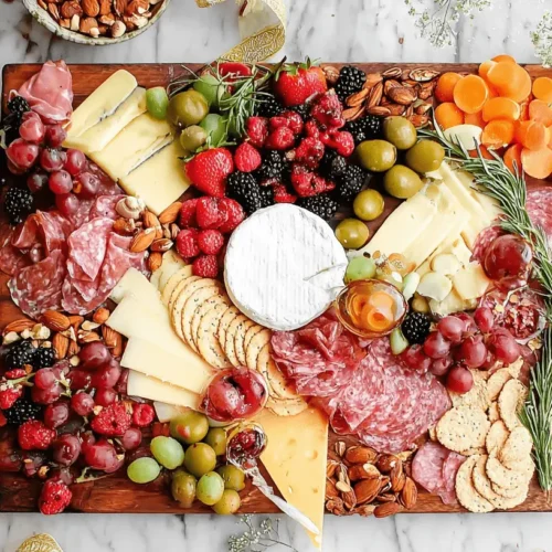 A vibrant Holiday Charcuterie Board overflowing with cheeses, cured meats, fresh fruits, nuts, and crackers on white marble.