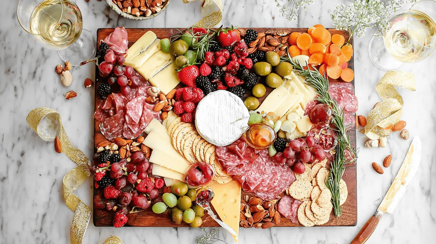 A vibrant Holiday Charcuterie Board overflowing with cheeses, cured meats, fresh fruits, nuts, and crackers on white marble.