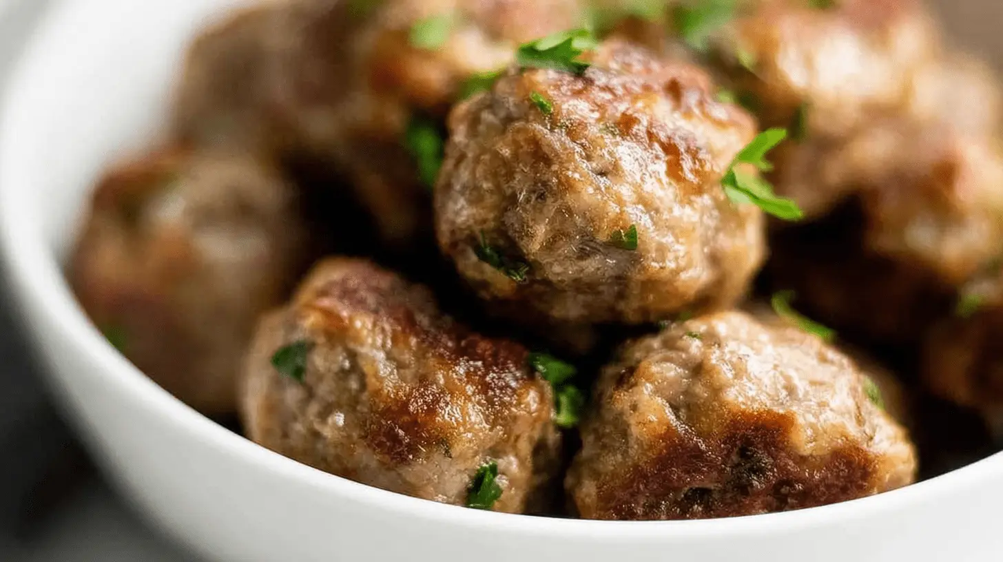 A close-up of a bowl brimming with freshly cooked, garnished homemade meatballs, perfect for a Homemade Meatballs Recipe.