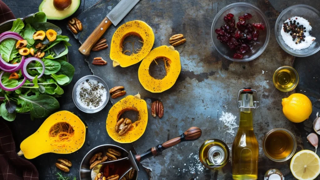 Overhead view of delicata squash rings, mixed greens, avocado, cranberries, pecans, red onion, feta, and vinaigrette ingredients arranged with olive oil and maple syrup.