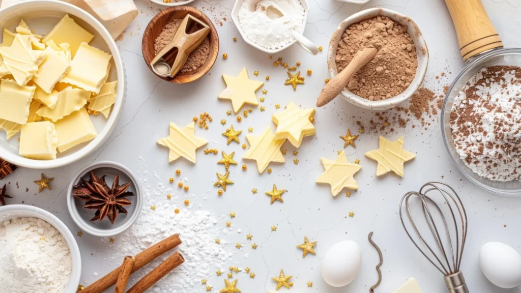 Overhead view of ingredients for maple cinnamon star cookies with flour, butter, sugar, egg, extracts, spices, and cookie cutters arranged on a baking surface.