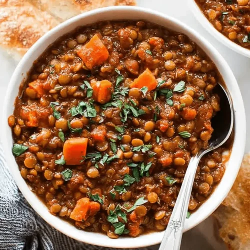 Overhead view of two bowls of vibrant Instant Pot Lentil Soup, garnished with fresh parsley and served with crusty bread.
