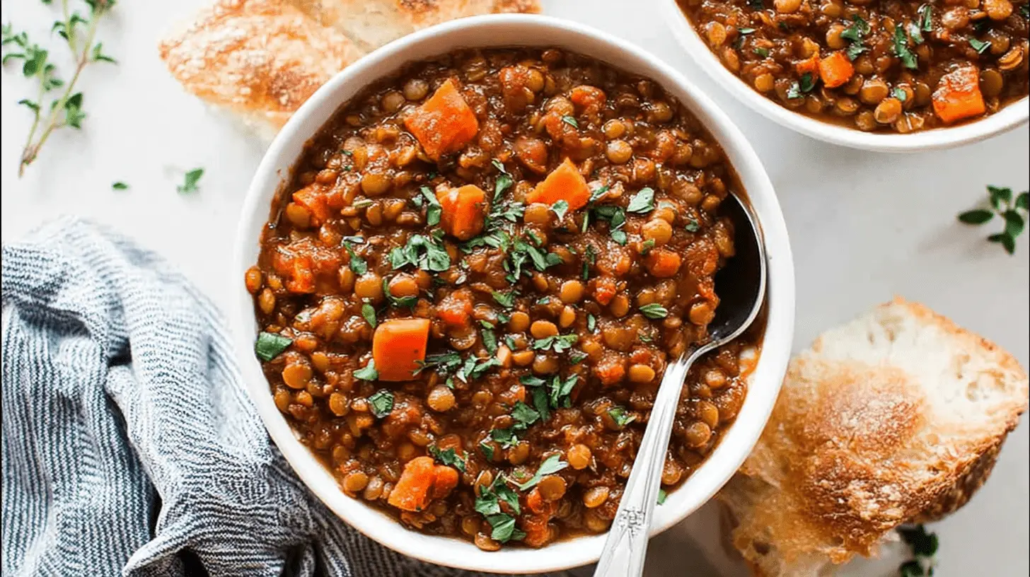 Overhead view of two bowls of vibrant Instant Pot Lentil Soup, garnished with fresh parsley and served with crusty bread.