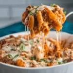 A generous serving of cheesy penne pasta with basil lifted from a white dish, showcasing a delicious Lazy Lasagna Casserole.