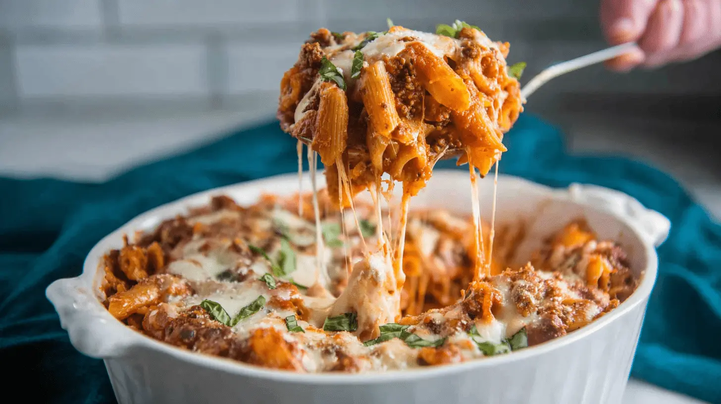 A generous serving of cheesy penne pasta with basil lifted from a white dish, showcasing a delicious Lazy Lasagna Casserole.