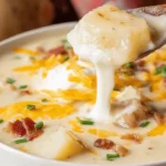 Close-up of a hearty bowl of loaded baked potato soup, garnished with crispy bacon, melted cheddar, sour cream, and fresh chives.