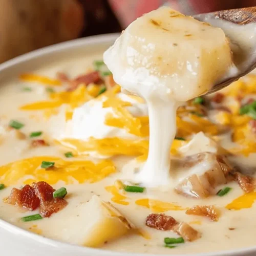 Close-up of a hearty bowl of loaded baked potato soup, garnished with crispy bacon, melted cheddar, sour cream, and fresh chives.