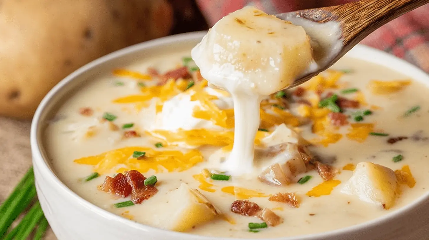 Close-up of a hearty bowl of loaded baked potato soup, garnished with crispy bacon, melted cheddar, sour cream, and fresh chives.