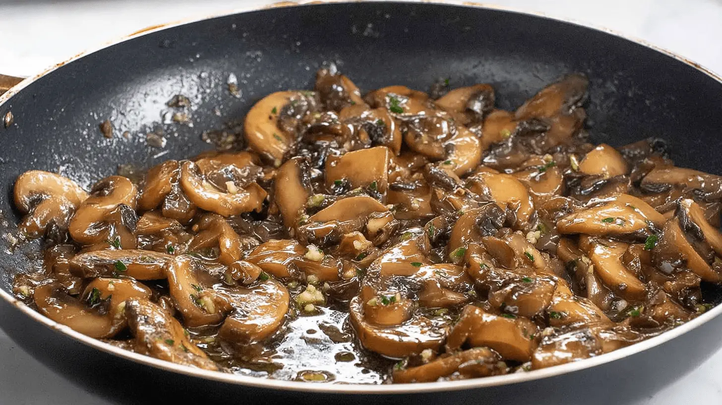 Close-up overhead shot of glistening Marsala Mushrooms simmering in a dark non-stick pan, with garlic and fresh herbs.