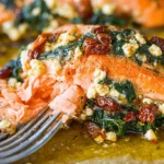 A close-up of a perfectly cooked Mediterranean Stuffed Salmon fillet, flaked with a fork, revealing spinach, feta, and sun-dried tomatoes.
