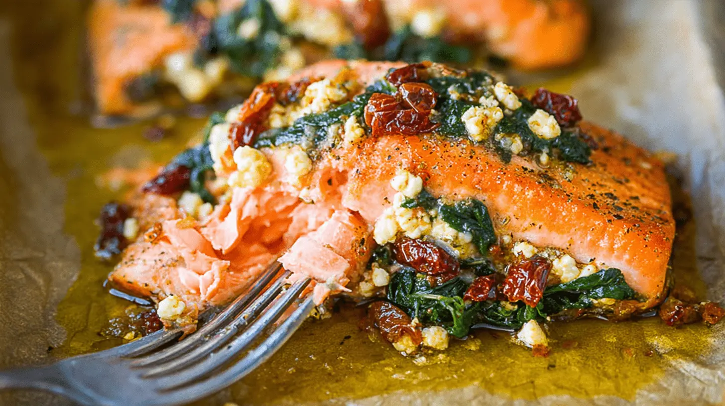 A close-up of a perfectly cooked Mediterranean Stuffed Salmon fillet, flaked with a fork, revealing spinach, feta, and sun-dried tomatoes.