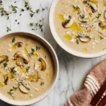 Two bowls of creamy mushroom soup garnished with fresh herbs and mushrooms on a white marble surface.