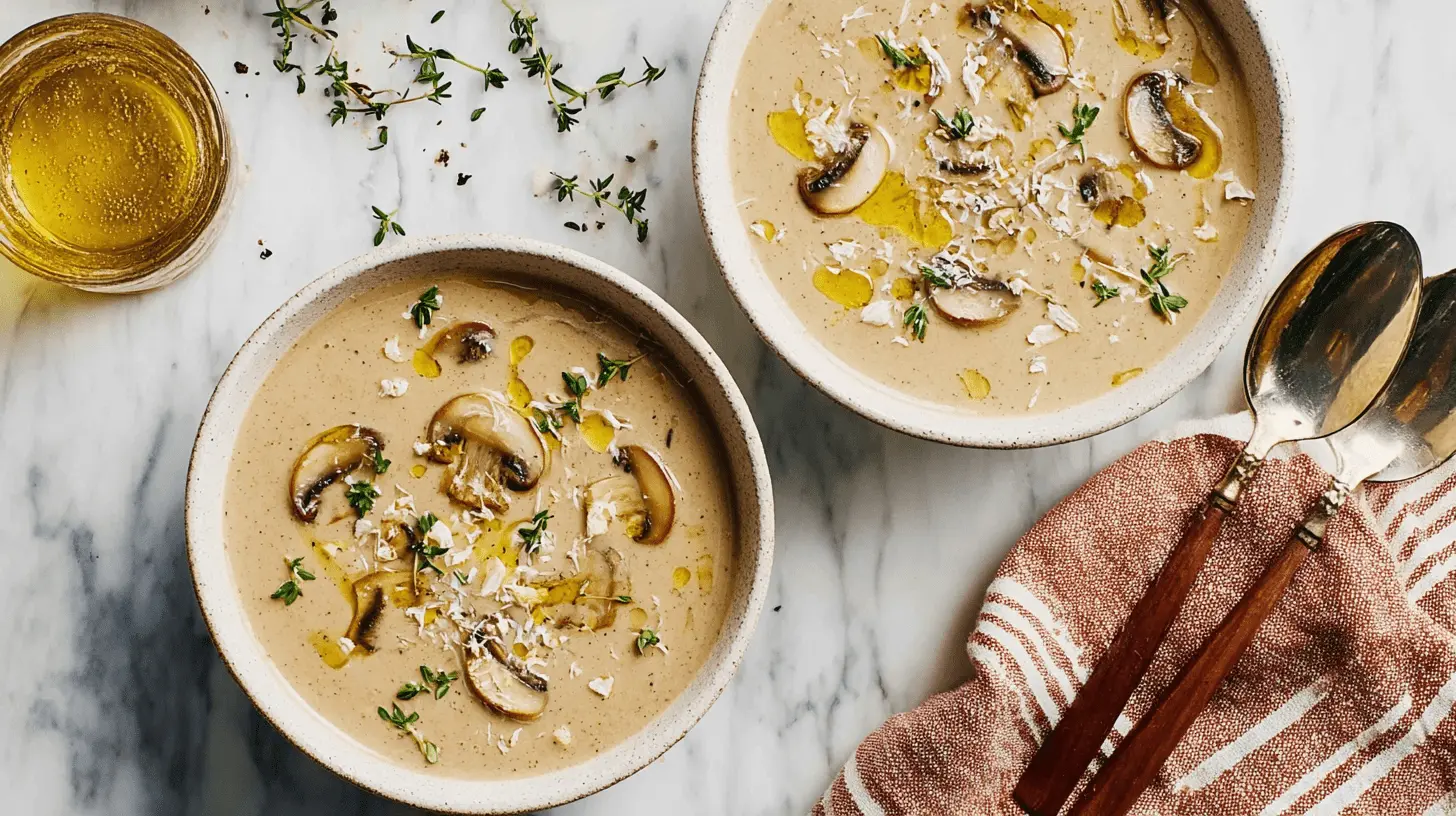 Two bowls of creamy mushroom soup garnished with fresh herbs and mushrooms on a white marble surface.
