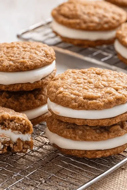 Homemade oatmeal cream pies cooling on racks, with one cut in half showing creamy filling and a glass of milk in the background.