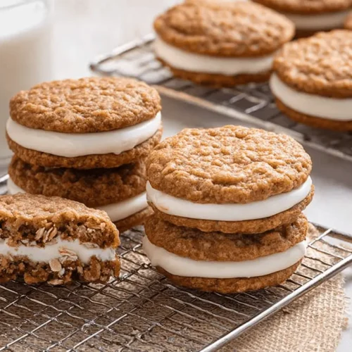 Homemade oatmeal cream pies cooling on racks, with one cut in half showing creamy filling and a glass of milk in the background.