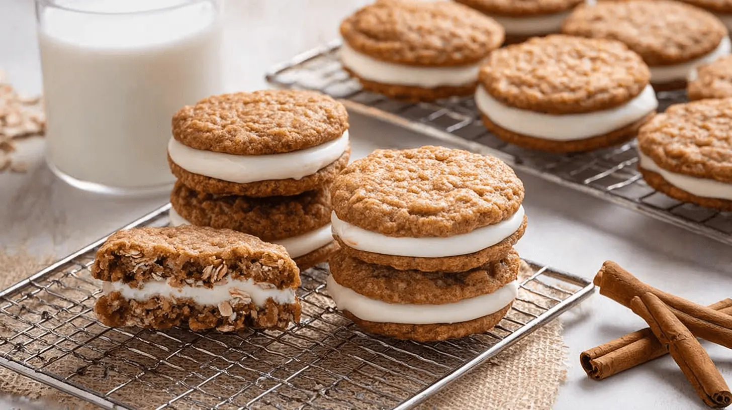Homemade oatmeal cream pies cooling on racks, with one cut in half showing creamy filling and a glass of milk in the background.