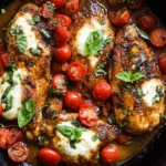 Close-up of a delicious One Pan Balsamic Chicken dish with melted mozzarella, cherry tomatoes, and fresh basil in a cast-iron skillet.
