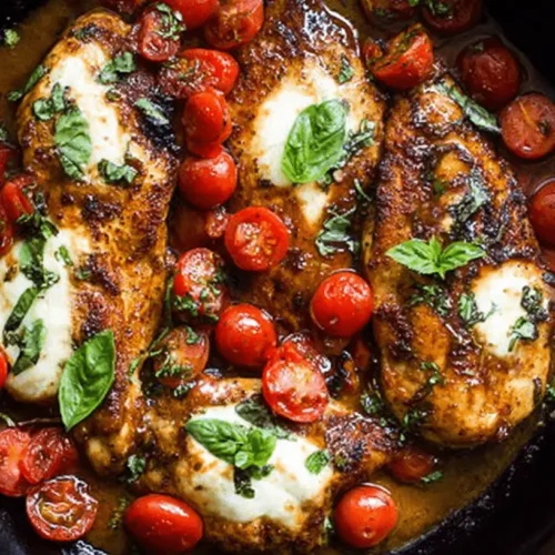 Close-up of a delicious One Pan Balsamic Chicken dish with melted mozzarella, cherry tomatoes, and fresh basil in a cast-iron skillet.