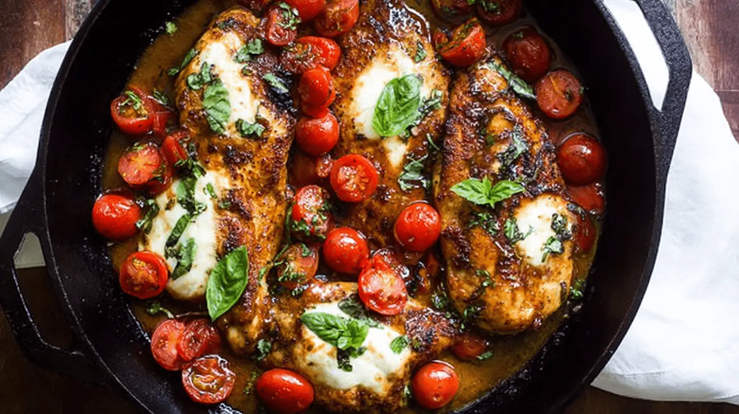 Close-up of a delicious One Pan Balsamic Chicken dish with melted mozzarella, cherry tomatoes, and fresh basil in a cast-iron skillet.