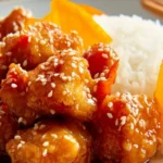 Crispy orange chicken served over white rice with fresh orange slices, perfect for an appealing orange chicken recipe.