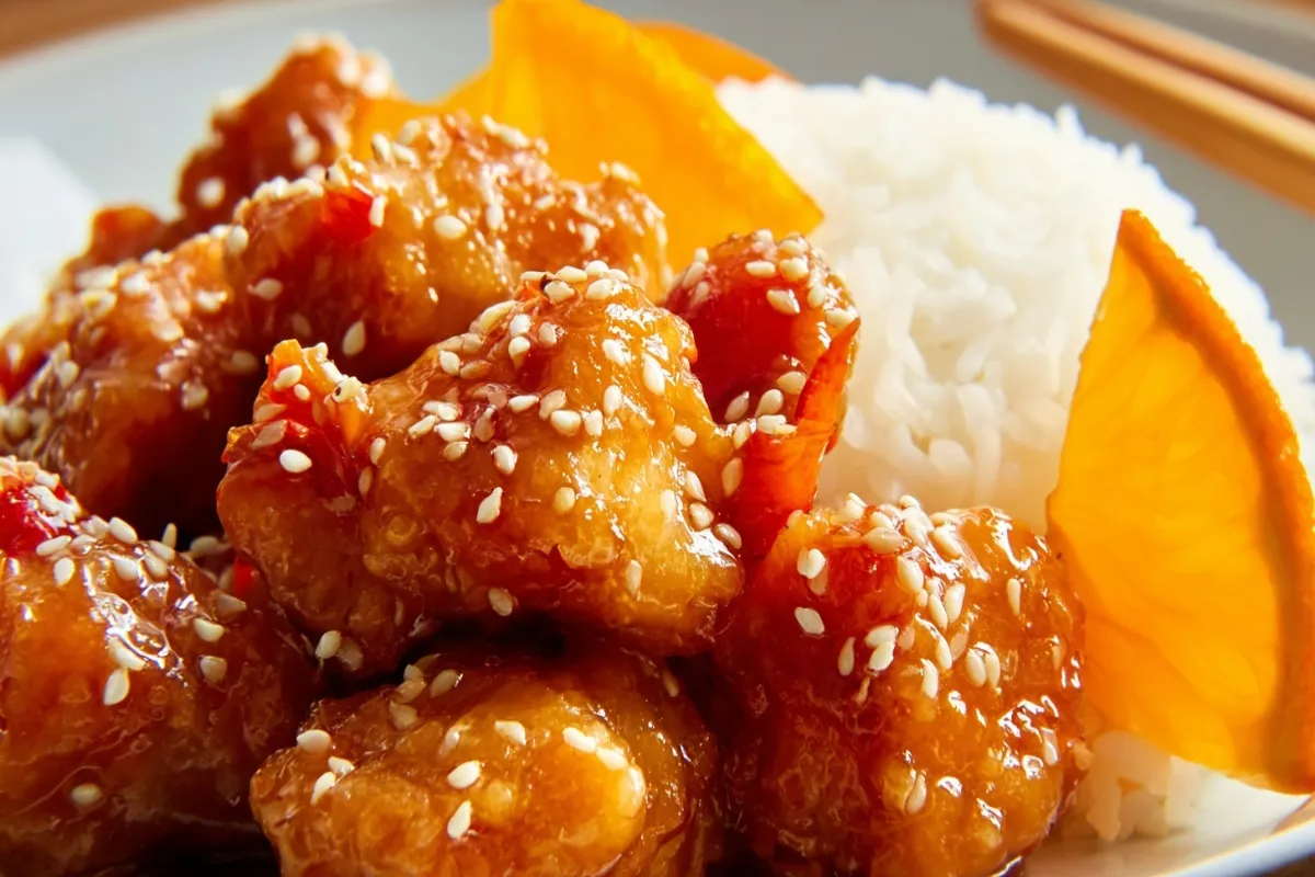 Crispy orange chicken served over white rice with fresh orange slices, perfect for an appealing orange chicken recipe.