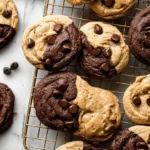 Freshly baked Peanut Butter Chocolate Swirl Cookies with two-toned halves and chocolate chips on a marble surface and cooling rack.