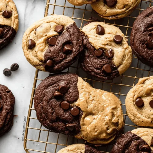 Freshly baked Peanut Butter Chocolate Swirl Cookies with two-toned halves and chocolate chips on a marble surface and cooling rack.