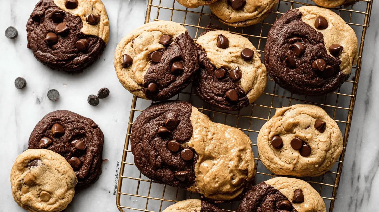 Freshly baked Peanut Butter Chocolate Swirl Cookies with two-toned halves and chocolate chips on a marble surface and cooling rack.