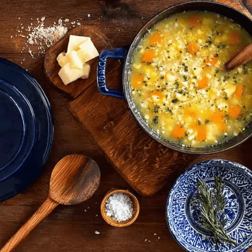 Top-down view of hearty penicillin soup in a blue STAUB Dutch oven, surrounded by rustic serving dishes and cheese on a wooden table.