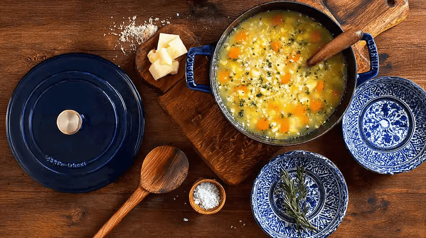 Top-down view of hearty penicillin soup in a blue STAUB Dutch oven, surrounded by rustic serving dishes and cheese on a wooden table.