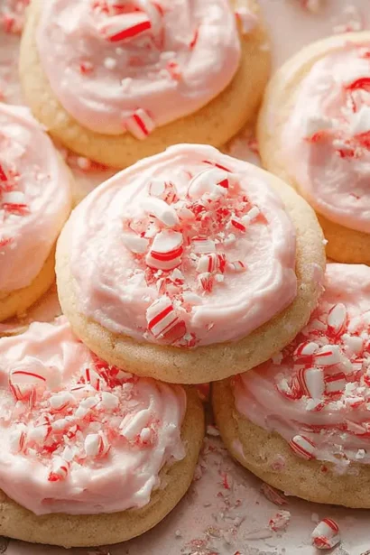 Close-up of pink-frosted Peppermint Meltaway Cookies with crushed candy canes on an elegant plate.