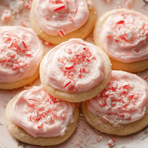 Close-up of pink-frosted Peppermint Meltaway Cookies with crushed candy canes on an elegant plate.