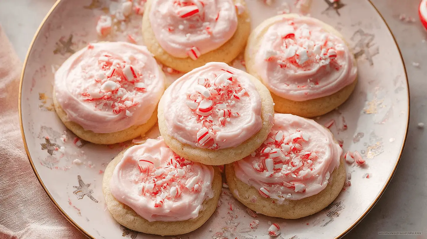 Close-up of pink-frosted Peppermint Meltaway Cookies with crushed candy canes on an elegant plate.