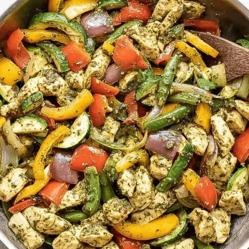 Close-up of vibrant Pesto Chicken and Vegetables with colorful bell peppers and zucchini in a stainless steel pan.