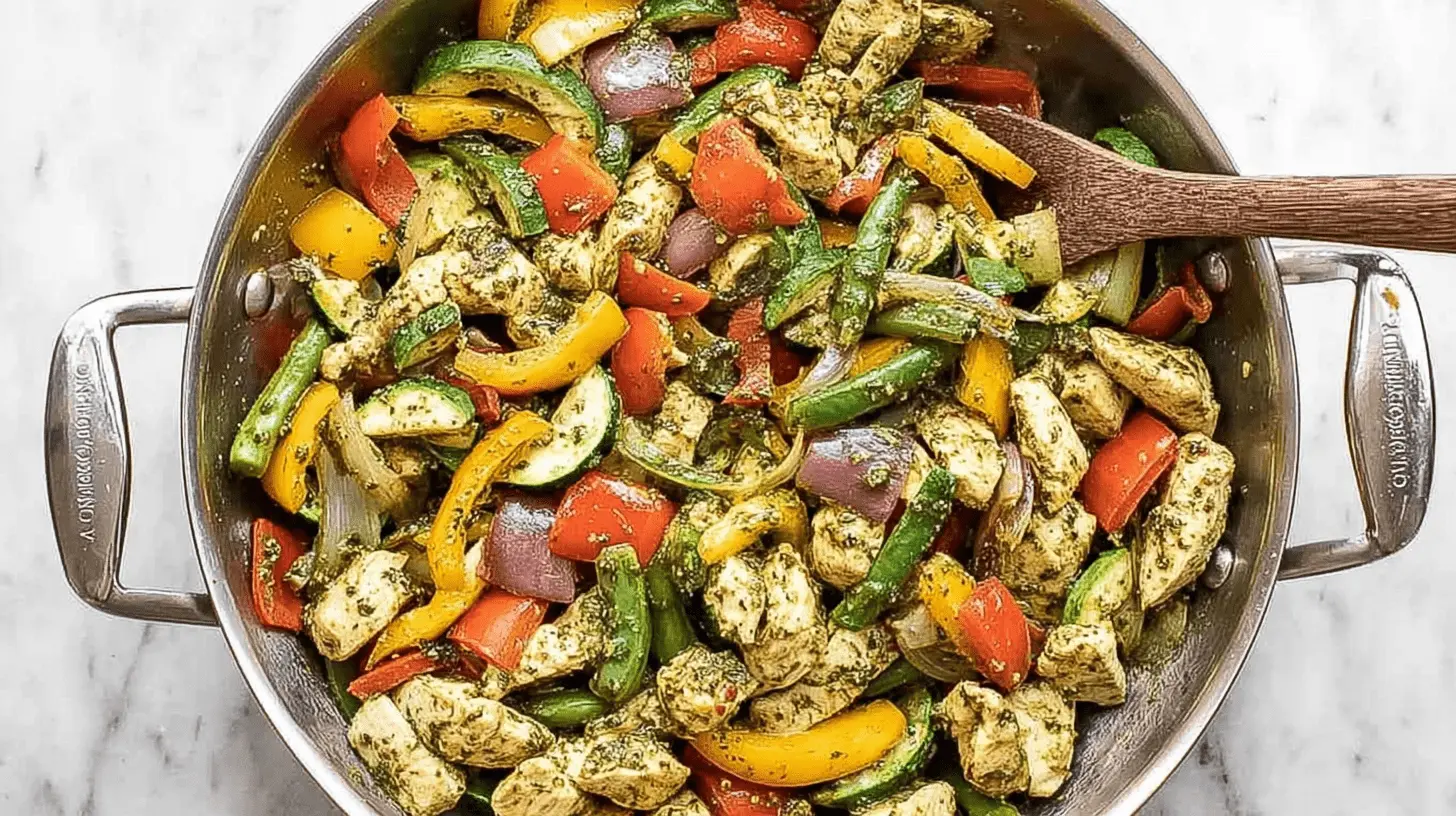 Close-up of vibrant Pesto Chicken and Vegetables with colorful bell peppers and zucchini in a stainless steel pan.