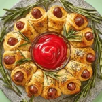 Overhead view of a delicious Pigs in a Blanket Wreath with poppy seeds and fresh rosemary, served with a vibrant ketchup dip.