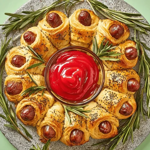 Overhead view of a delicious Pigs in a Blanket Wreath with poppy seeds and fresh rosemary, served with a vibrant ketchup dip.