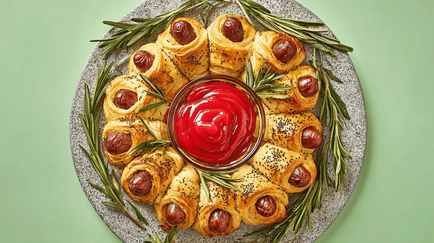 Overhead view of a delicious Pigs in a Blanket Wreath with poppy seeds and fresh rosemary, served with a vibrant ketchup dip.