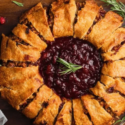 A beautifully baked Pineapple Cranberry Brie Crescent Ring, garnished with fresh rosemary and cranberries, presented on a dark wooden board.
