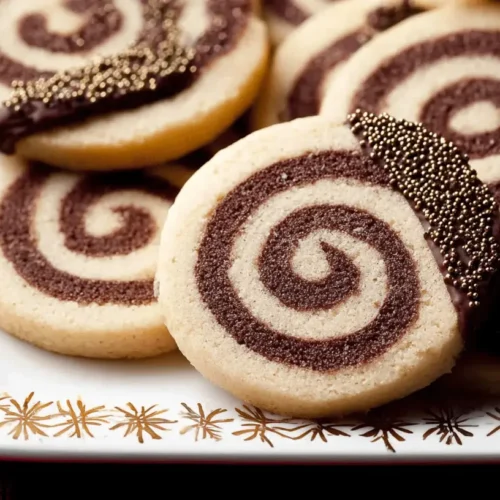 Close-up of chocolate-dipped Pinwheel Cookies with gold sprinkles on an elegant white and gold plate.
