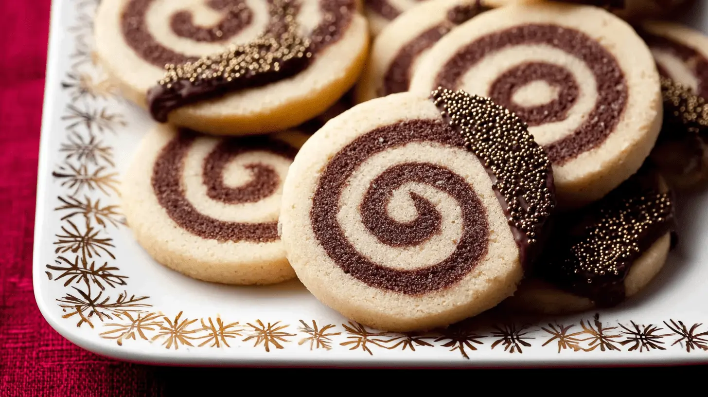 Close-up of chocolate-dipped Pinwheel Cookies with gold sprinkles on an elegant white and gold plate.