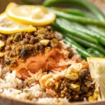 Close-up of a perfectly cooked Pistachio Crusted Salmon fillet served over brown rice with green beans and fresh lemon slices in a rustic bowl.