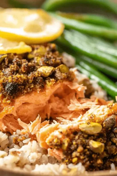 Close-up of a perfectly cooked Pistachio Crusted Salmon fillet served over brown rice with green beans and fresh lemon slices in a rustic bowl.