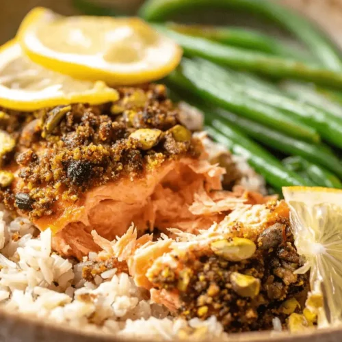 Close-up of a perfectly cooked Pistachio Crusted Salmon fillet served over brown rice with green beans and fresh lemon slices in a rustic bowl.