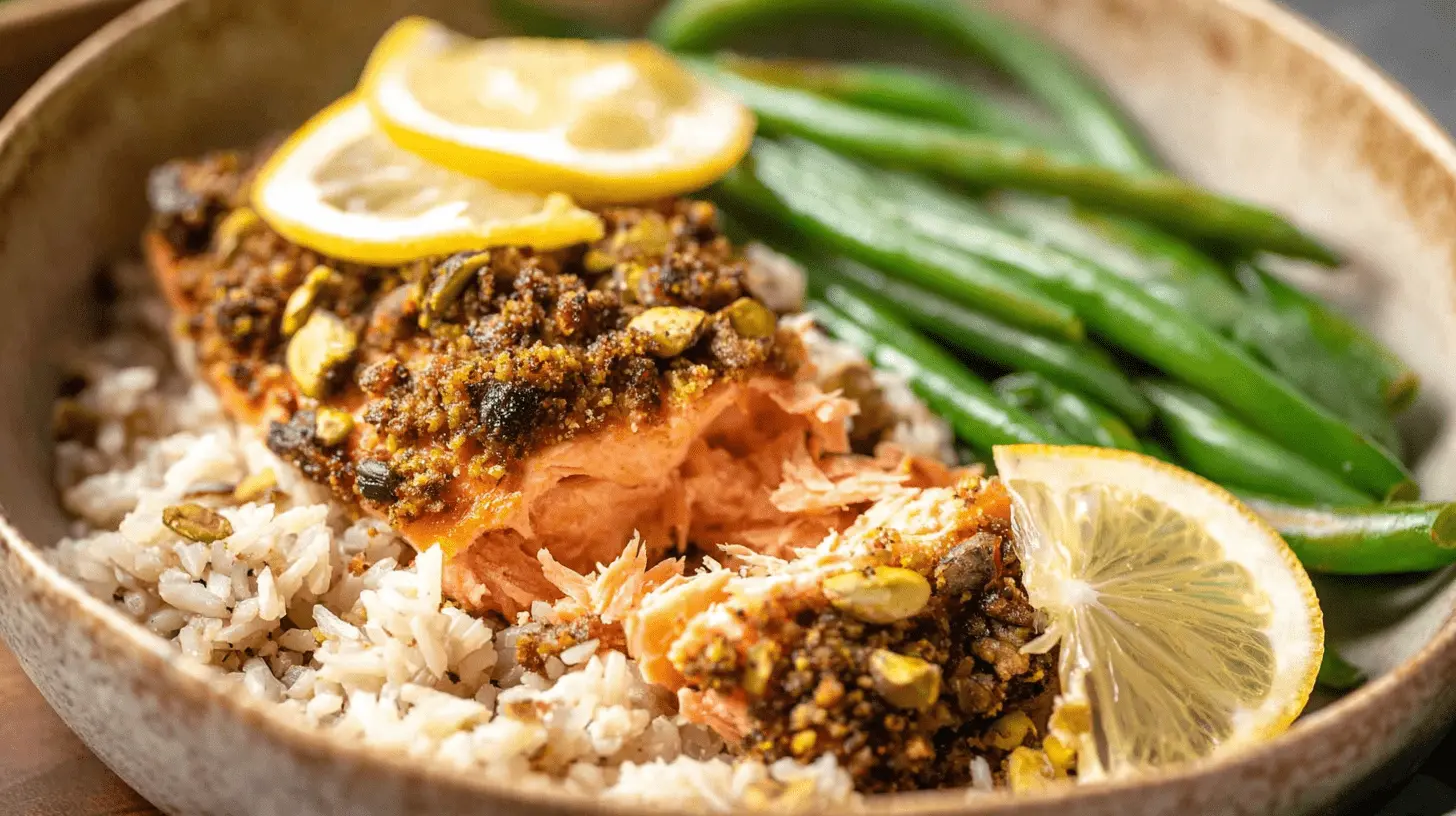 Close-up of a perfectly cooked Pistachio Crusted Salmon fillet served over brown rice with green beans and fresh lemon slices in a rustic bowl.